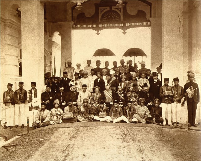 The Malay Rulers and nobilities of Negeri Sembilan, Pahang, Perak and Selangor with British colonial officers during the first Durbar in Istana Negara, Kuala Kangsar, Perak, Federated Malay States, 1897.
