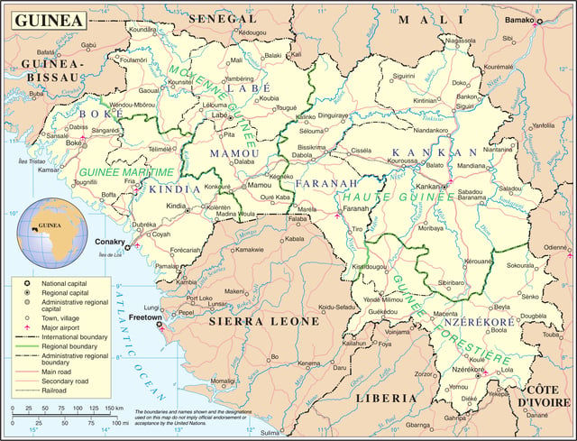 A map showing Guinea's cities and administrative divisions