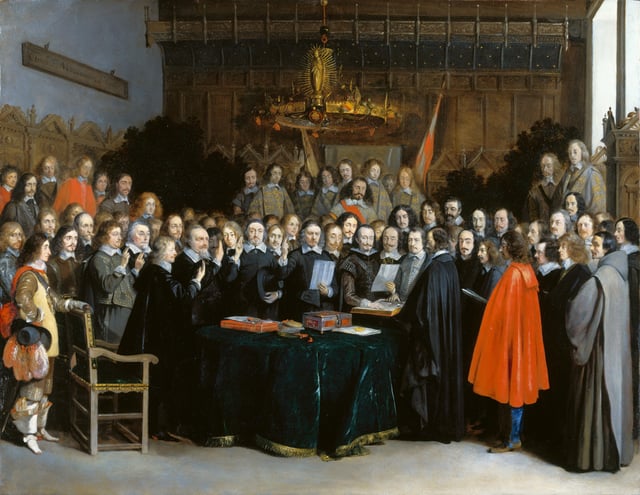 The swearing of the oath of ratification of the Treaty of Münster in 1648 (1648) that ended the Eighty Years' War between Spain and the Netherlands. Gerard ter Borch
