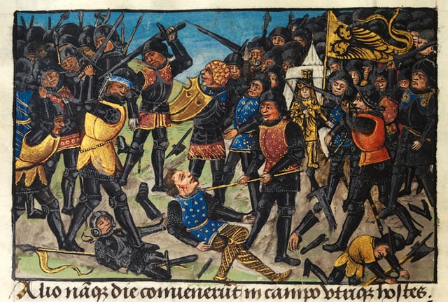 Alexander's first victory over Darius, the Persian king depicted in medieval European style in the 15th century romance The History of Alexander's Battles
