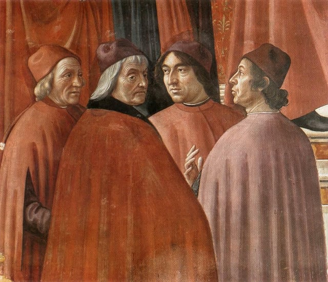 The Angel appearing to Zacharias in the Tornabuoni Chapel in Florence contains portraits of members of the Medici Academy: Marsilio Ficino, Cristoforo Landino, Agnolo Poliziano and either Demetrios Chalkokondyles or Gentile de' Becchi.