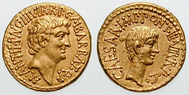 Roman aurei bearing the portraits of Mark Antony (left) and Octavian (right), issued in 41 BC to celebrate the establishment of the Second Triumvirate by Octavian, Antony and Marcus Lepidus in 43 BC