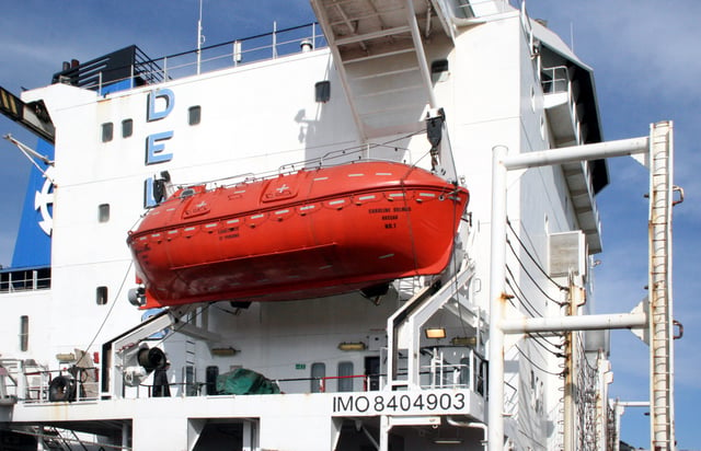 Modern lifeboat on Caroline Delmas. Note the fully enclosed nature, and the small ducted screw providing mobility.