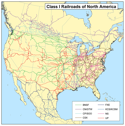 2006 map of the North American Class I railroad network