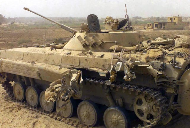 A damaged abandoned Iraqi BMP-2K armoured command vehicle sits along a roadside in Northern Iraq, during – Operation Iraqi Freedom