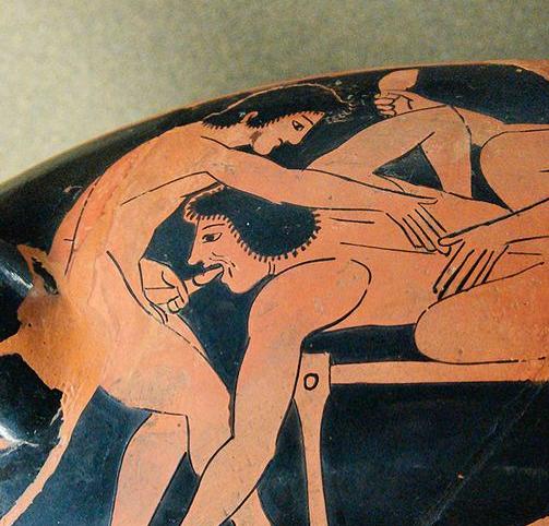 Depiction of fellatio on Attic red-figure kylix, c. 510 BC