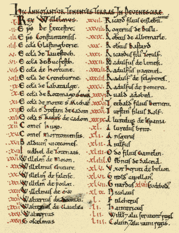 HIC ANNOTANTUR TENENTES TERRAS IN DEVENESCIRE ("Here are noted (those) holding lands in Devonshire").  Detail from Domesday Book, list forming part of the first page of king's holdings.  There are 53 entries, including the first entry for the king himself followed by the Devon Domesday Book tenants-in-chief.  Each name has its own chapter to follow.