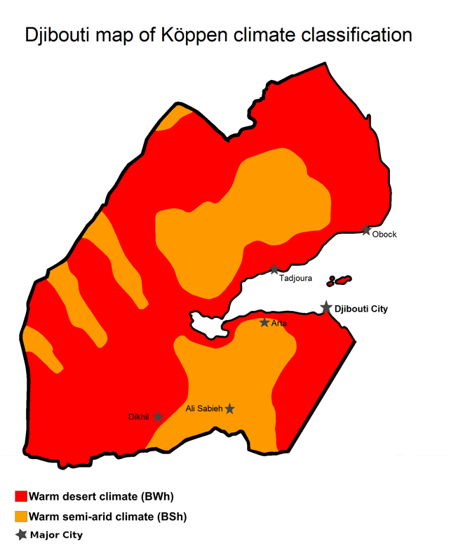 Djibouti map of Köppen climate classification.   Semi-arid climate   Arid climate