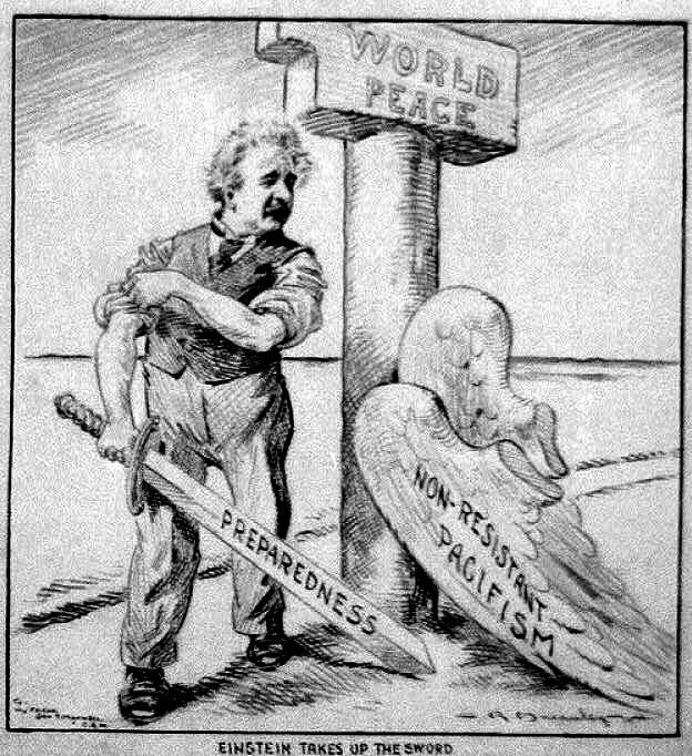 Cartoon of Einstein after shedding his "pacifism" wings (Charles R. Macauley, c. 1933)