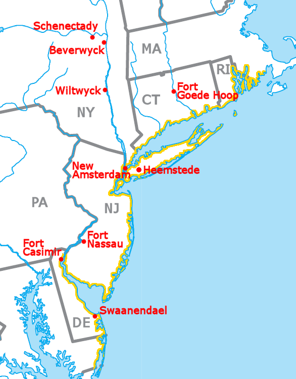 Map showing the area claimed by the Dutch in North-America and several Dutch settlements