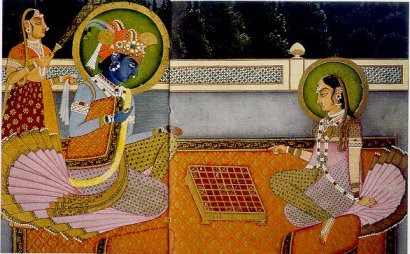 Later image of Krishna and Radha playing chaturanga on an 8 × 8 Ashtāpada