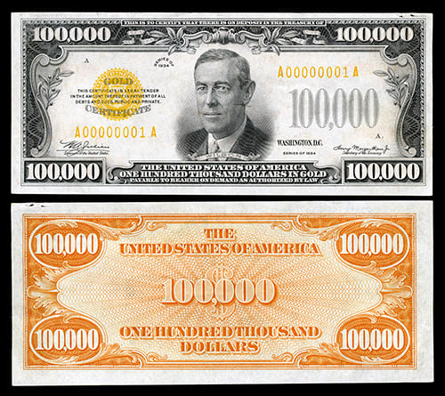 1934 $100,000 gold certificate depicting Wilson.