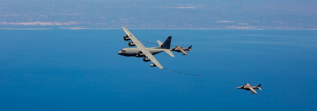 US Marines KC-130 refueling AV-8 Harrier of the Spanish Navy near Morón Air Base