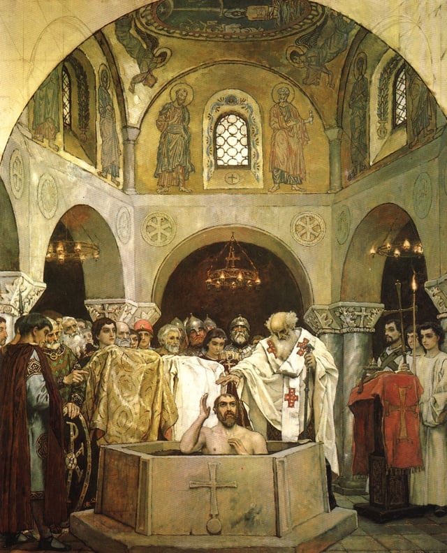 The baptism of the Grand Prince Vladimir led to the adoption of Christianity in Kievan Rus'.