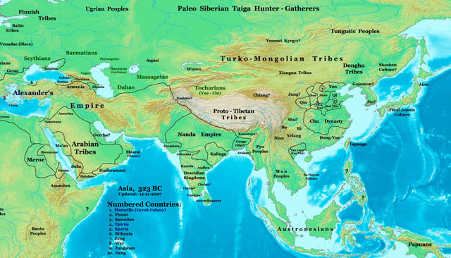 Asia in 323 BC, the Nanda Empire and the Gangaridai of the Indian subcontinent, in relation to Alexander's Empire and neighbours.