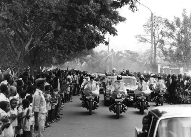 President Hamani Diori and visiting German President Dr. Heinrich Lübke greet crowds on a state visit to Niamey, 1969. Diori's single party rule was characterized by good relations with the west and a preoccupation with foreign affairs.