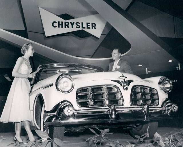 1955 Imperial car model, in its first year as a separate make, apart from Chrysler, shown on display at January 1955 Chicago Auto Show