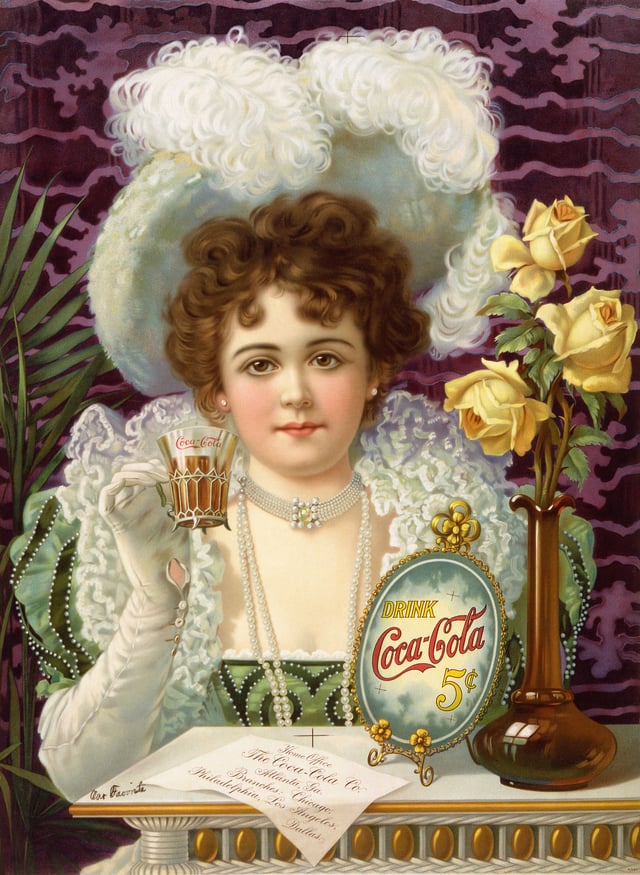 An 1890s advertisement showing model Hilda Clark in formal 19th century attire. The ad is titled Drink Coca-Cola 5¢. (US).