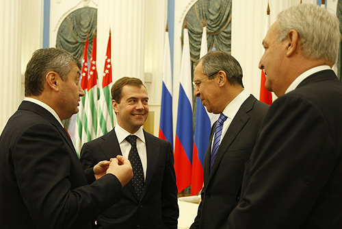 The leaders of Abkhazia, Russia and South Ossetia, shortly after the 2008 war. Left to right: South Ossetian President Eduard Kokoity; Russian President Dmitry Medvedev; Russian Foreign Minister Sergey Lavrov; Abkhazian President Sergei Bagapsh.