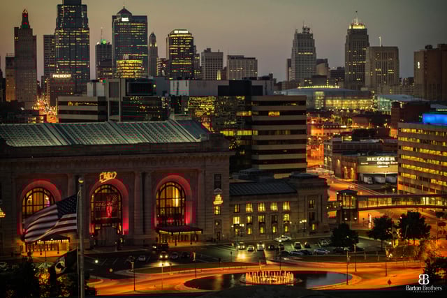 Downtown Kansas City during the day and at dusk from the lawn of Liberty Memorial.