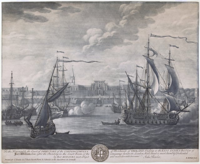 A mezzotint engraving of Fort William, Calcutta, the capital of the Bengal Presidency in British India 1735.
