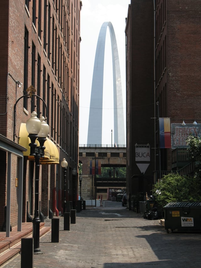 View of the Arch (completed 1965) from Laclede's Landing, the only remaining section of St. Louis's commercial riverfront.