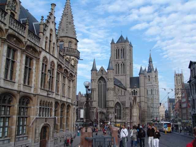 Historical centre of Ghent – from left to right: Old post office, Saint-Nicholas Church, Belfry, and Saint Bavo Cathedral.