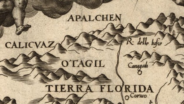 Detail of Diego Gutiérrez's 1562 map of the Western Hemisphere, showing the first known use of a variation of the place name "Appalachia" ("Apalchen") – from the map Americae sive qvartae orbis partis nova et exactissima descriptio
