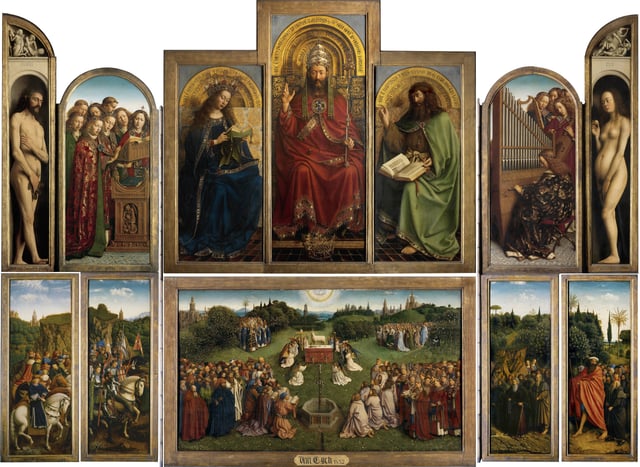 The well-known Ghent Altarpiece, a 15th century painting by Hubert and Jan Van Eyck in Saint Bavo Cathedral.