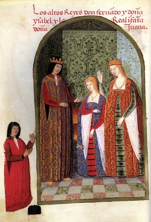 Joanna with her parents, Isabella and Ferdinand; "Rimado de la conquista de Granada", by Pedro Marcuello, c. 1482.
