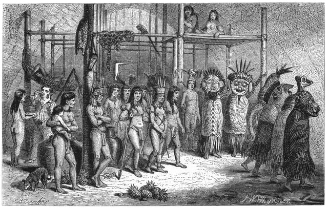 Masked-dance and wedding-feast of Ticuna Indians, engravings for Bates's 1863 The Naturalist on the River Amazons