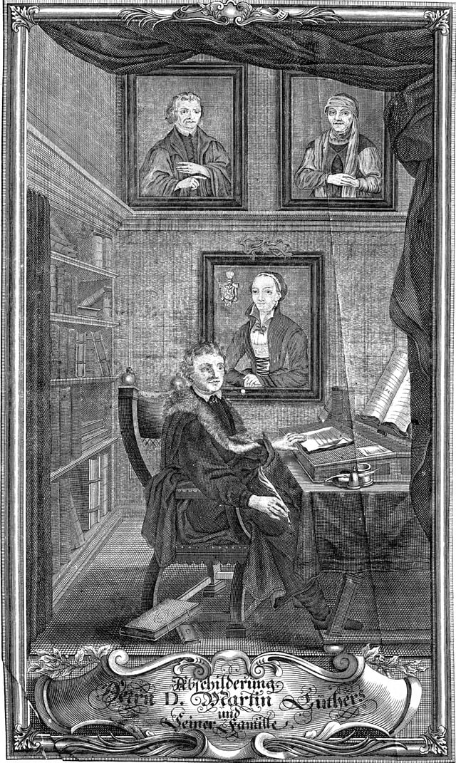 Martin Luther at his desk with family portraits (17th century)