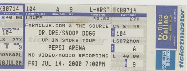 Ticket for Dr. Dre's Up in Smoke Tour in Albany, New York, July 2000.