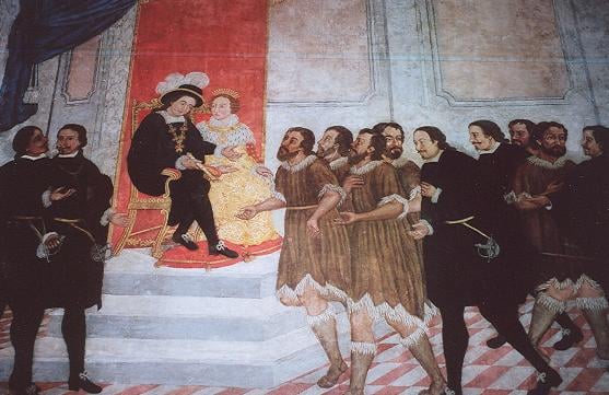 Alonso Fernández de Lugo presenting the captured native Guanche kings of Tenerife to the Catholic Monarchs