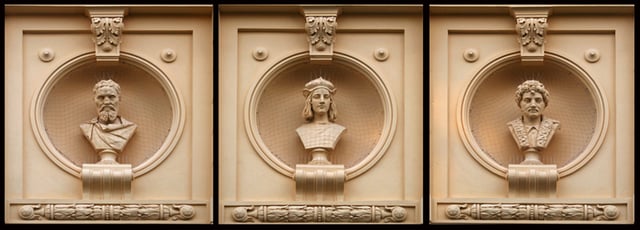 Busts of Michelangelo, Raphael and Titian, on the western-facing facade.