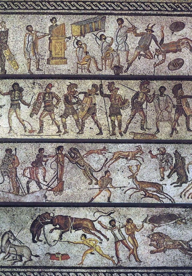 The Zliten mosaic, from a dining room in present-day Libya, depicts a series of arena scenes: from top, musicians playing a Roman tuba, a water pipe organ and two horns; six pairs of gladiators with two referees; four beast fighters; and three convicts condemned to the beasts