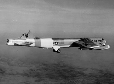 B-52H (AF Ser. No. 61-0023), configured at the time as a testbed to investigate structural failures, still flying after its vertical stabilizer sheared off in severe turbulence on 10 January 1964. The aircraft landed safely.