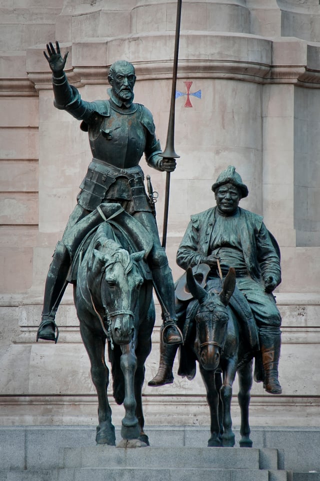 Bronze statues of Don Quixote and Sancho Panza, at the Plaza de España in Madrid.