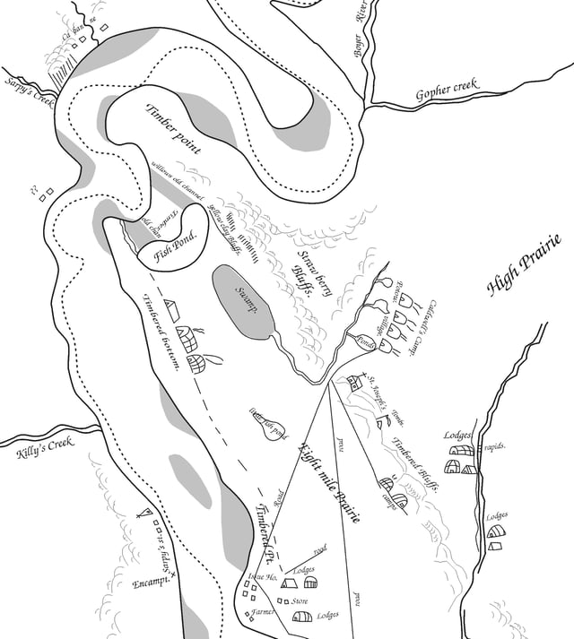 Pierre-Jean De Smet's map of the Council Bluffs area, 1839. The area labeled Caldwell's Camp was a Potawatomi village led by Sauganash, near the site of Kanesville, later called Council Bluffs.