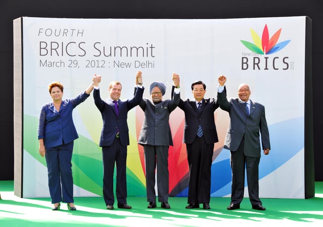 BRICS leaders in 2012 – Dilma Rousseff, Medvedev, Manmohan Singh, Hu Jintao, and Jacob Zuma.