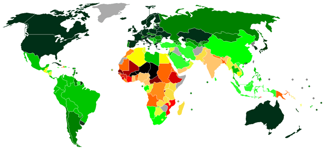World map indicating Education Index (according to 2007/2008 Human Development Report)