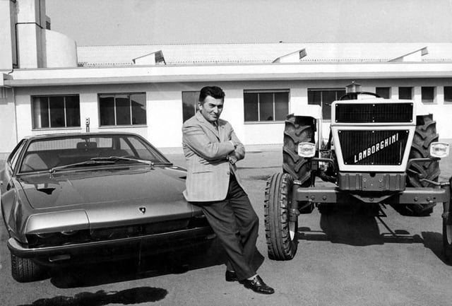 Ferruccio Lamborghini with a Jarama and a tractor of his brand