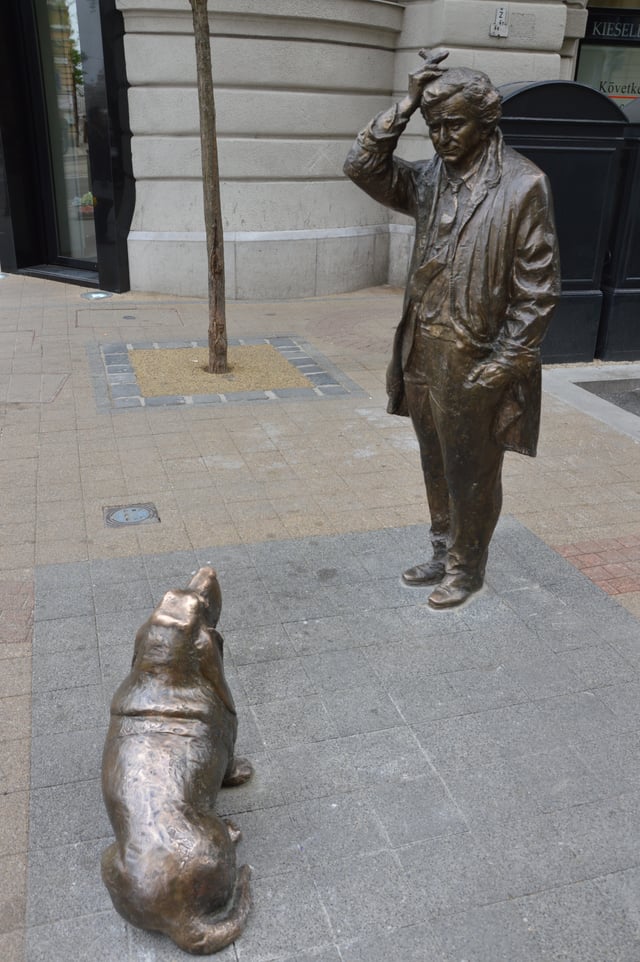 Peter Falk statue as Columbo with his dog in Budapest, Hungary