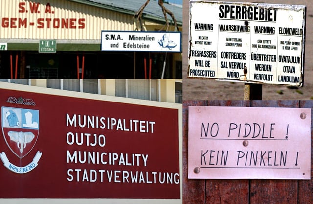 Although its official language is English, Namibia is a multilingual country as is illustrated by these examples in English, German, Afrikaans and Oshiwambo.