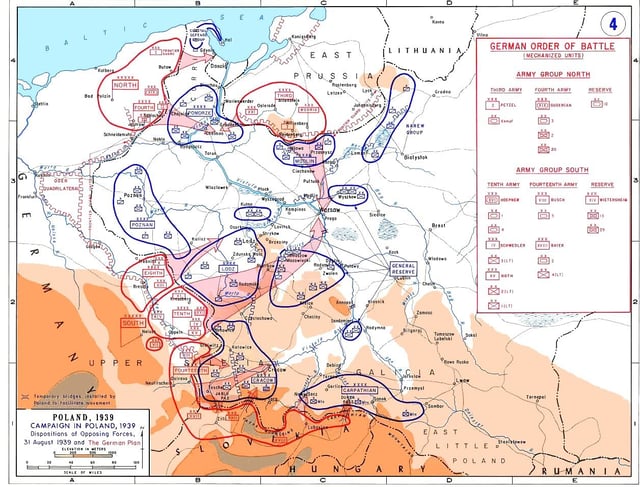 Dispositions of the opposing forces on 31 August 1939 with the German order of battle overlaid in pink.