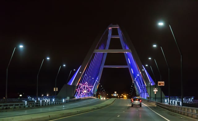 Lowry Bridge illuminated in purple, his favorite color, in remembrance of Prince