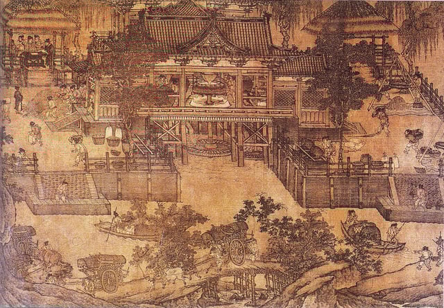 A Song dynasty watercolor painting of a mill in an oblique projection, 12th century