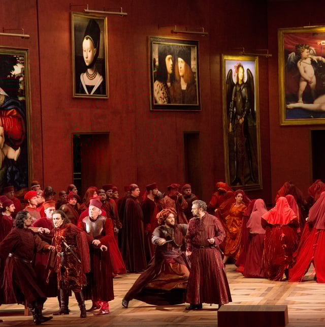 Domingo (center right) as the baritone in Il trovatore at the 2014 Salzburg Festival with Francesco Meli (far left, with sword)