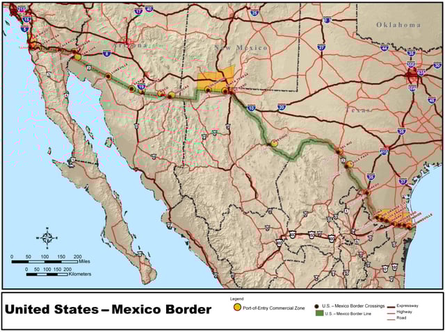 The border between Mexico and the United States spans four U.S. states, six Mexican states, and has over twenty commercial crossings.