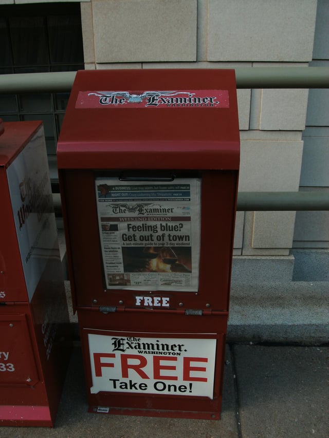 A Washington Examiner dispenser, from the time when the newspaper was a free daily tabloid